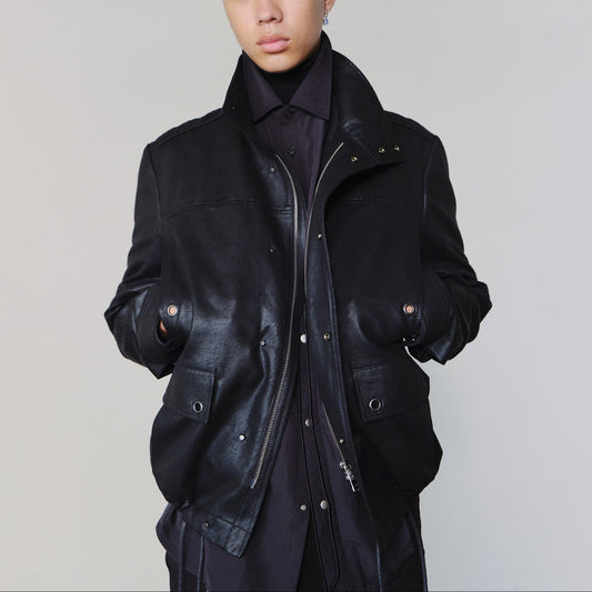 Distressed Leather-Look Drawstring Jacket